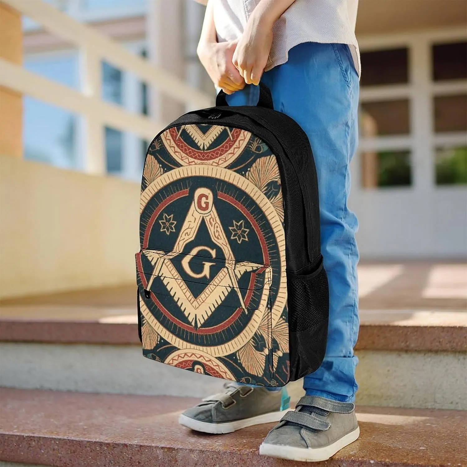 Men & Women Lightweight Gold Freemason Freemasonry Masonic Art Casual Daypack Large Capacity Bookbag With Adjustable Shoulder Straps for Gym Business Bicycle