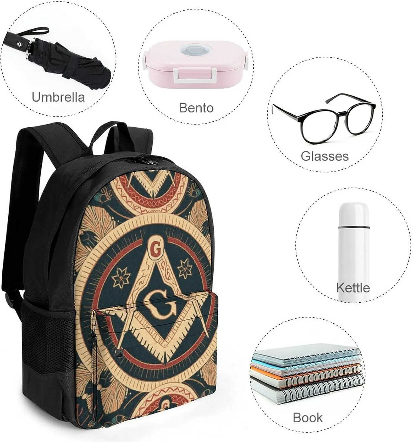 Men & Women Lightweight Gold Freemason Freemasonry Masonic Art Casual Daypack Large Capacity Bookbag With Adjustable Shoulder Straps for Gym Business Bicycle