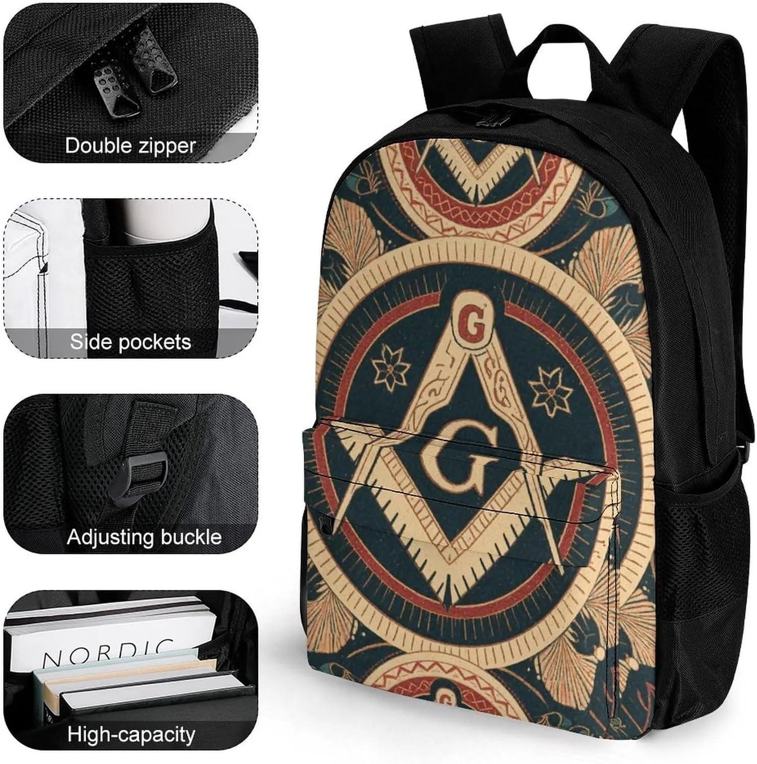 Men & Women Lightweight Gold Freemason Freemasonry Masonic Art Casual Daypack Large Capacity Bookbag With Adjustable Shoulder Straps for Gym Business Bicycle