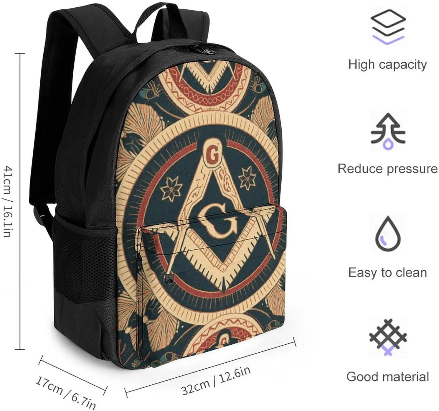 Men & Women Lightweight Gold Freemason Freemasonry Masonic Art Casual Daypack Large Capacity Bookbag With Adjustable Shoulder Straps for Gym Business Bicycle