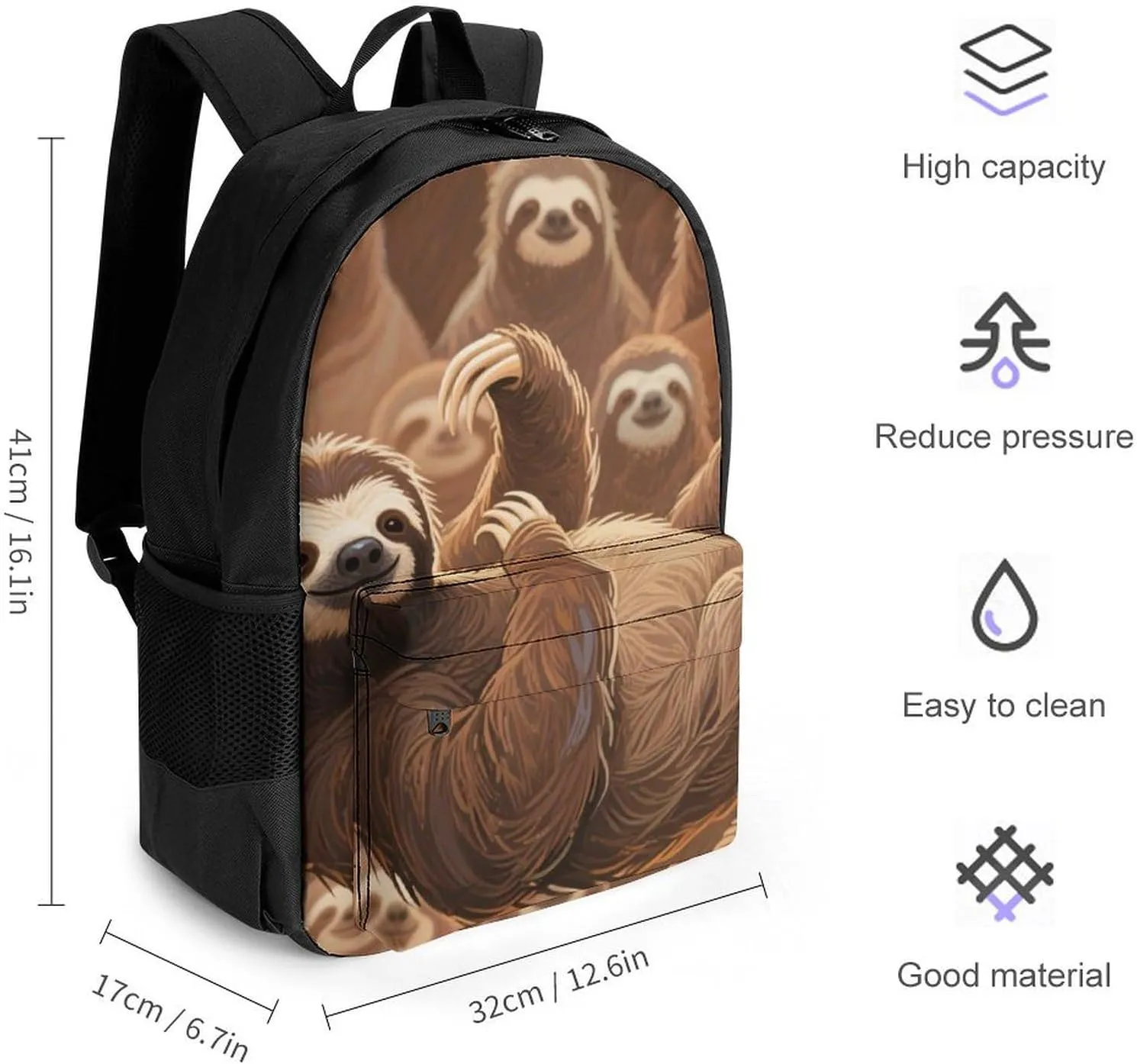 Men Women Lightweight Animals Sloth Art Backpack Large Capacity Bookbag With Smooth Zippers for Gym Business Running