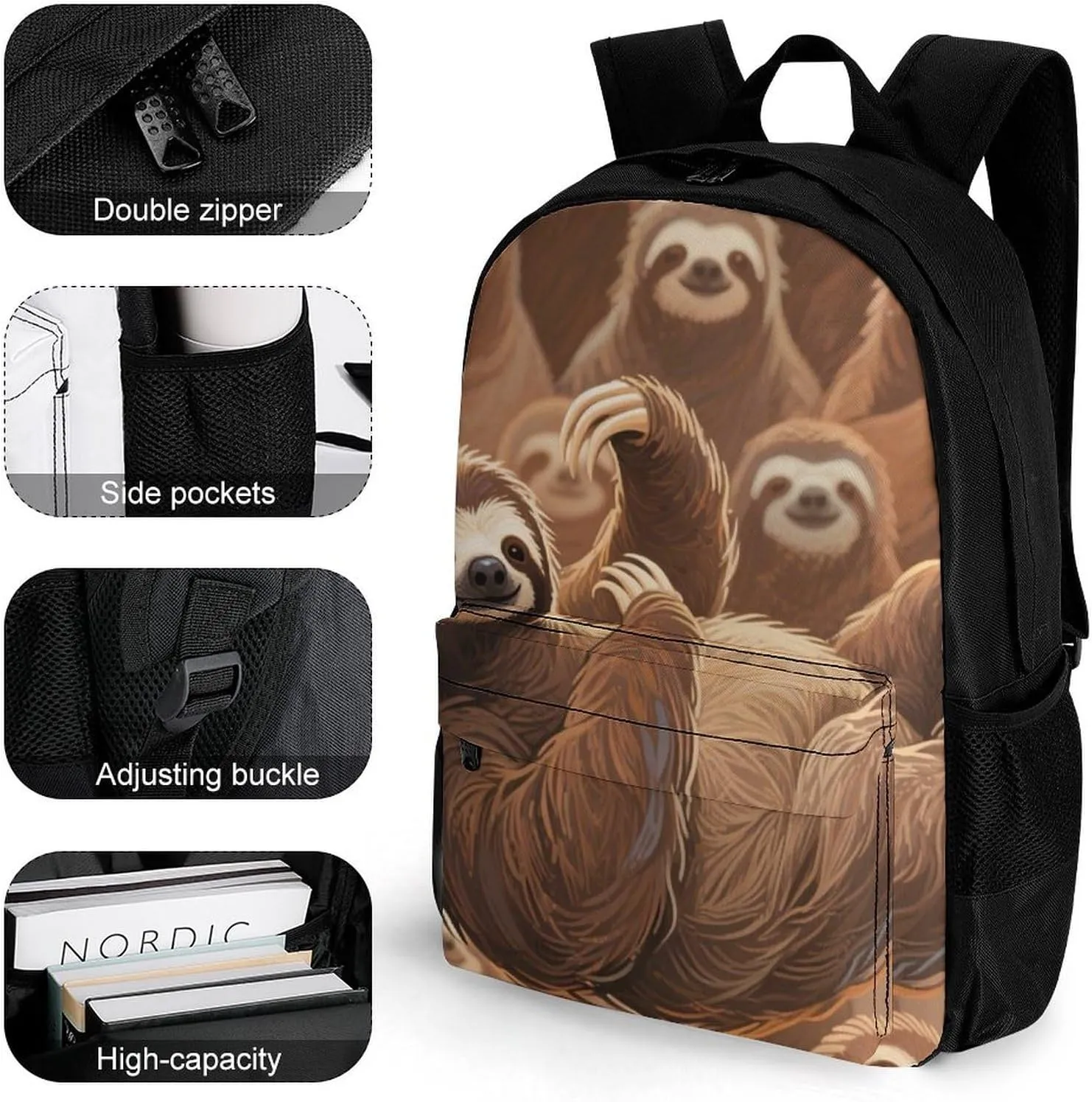 Men Women Lightweight Animals Sloth Art Backpack Large Capacity Bookbag With Smooth Zippers for Gym Business Running