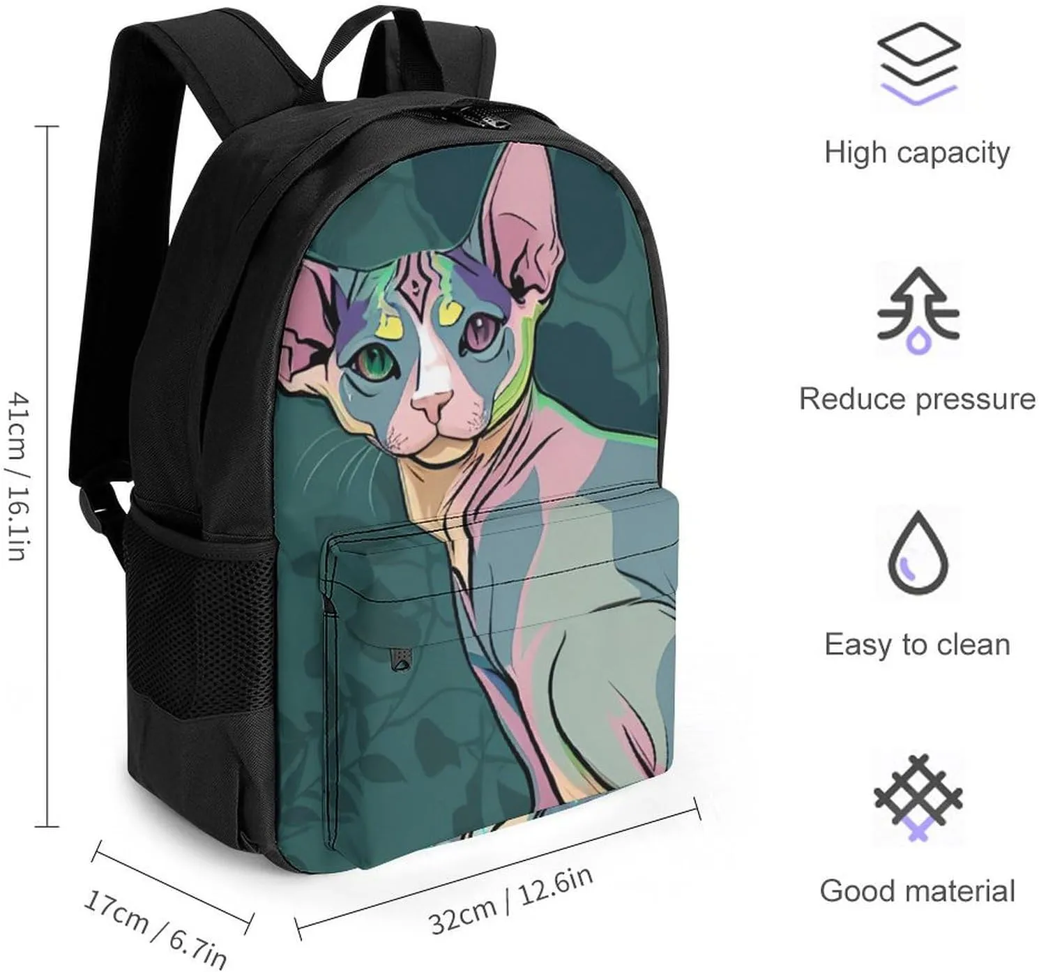 Men Women Lightweight Hairless Sphynx Cats Teal Green Art Backpack Large Capacity Bookbag With Smooth Zippers for Gym Business Running