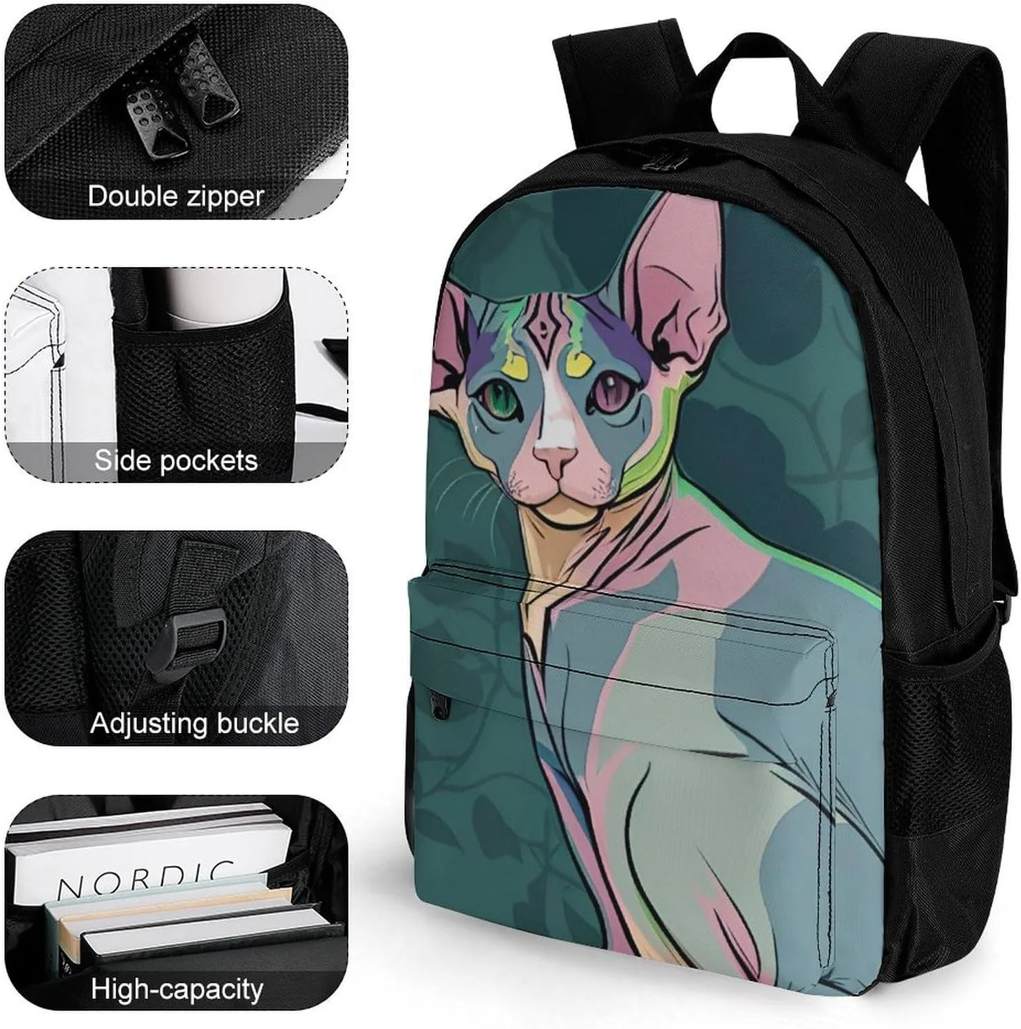 Men Women Lightweight Hairless Sphynx Cats Teal Green Art Backpack Large Capacity Bookbag With Smooth Zippers for Gym Business Running