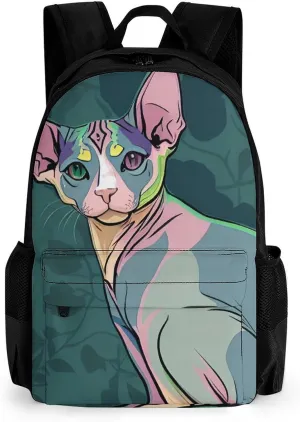 Men Women Lightweight Hairless Sphynx Cats Teal Green Art Backpack Large Capacity Bookbag With Smooth Zippers for Gym Business Running