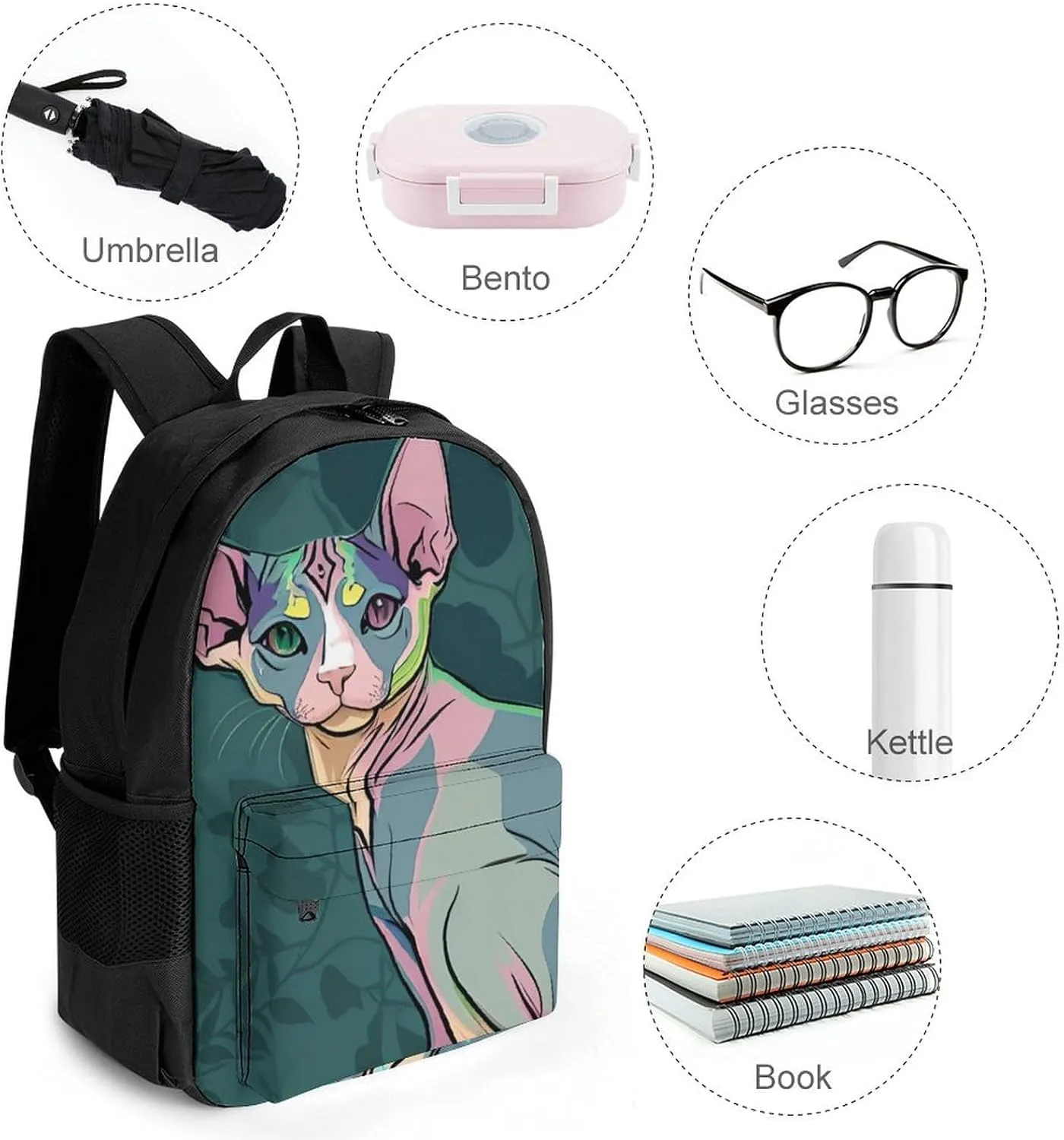 Men Women Lightweight Hairless Sphynx Cats Teal Green Art Backpack Large Capacity Bookbag With Smooth Zippers for Gym Business Running