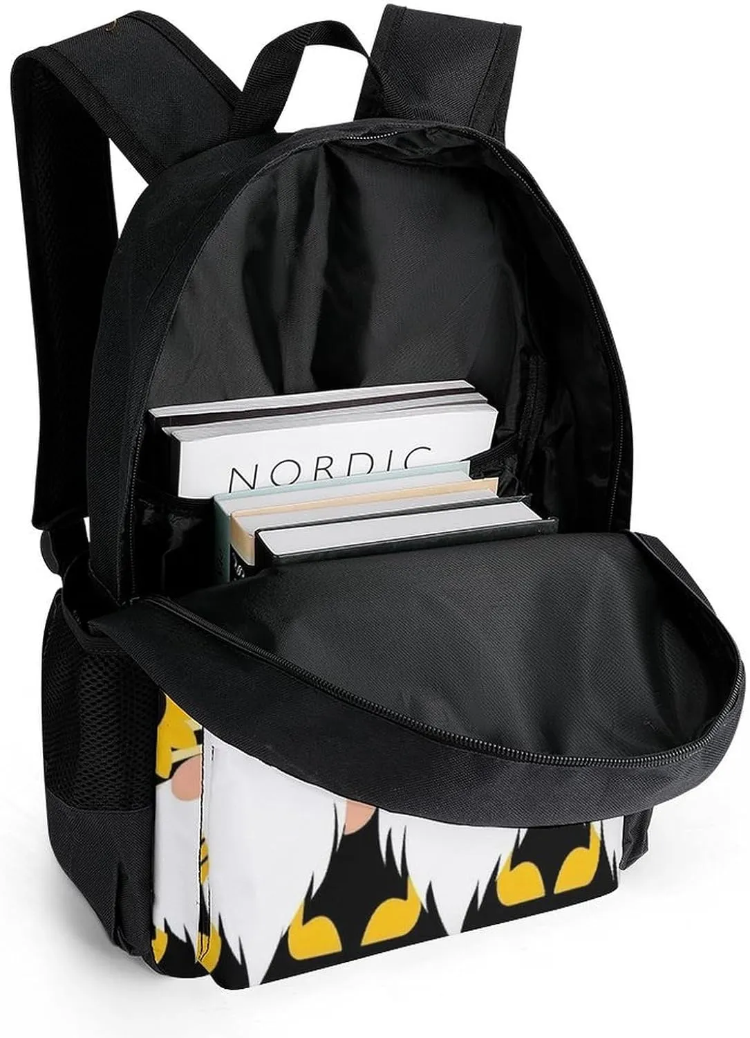 Men Women Lightweight Sunflower Bee Cute Cartoon Gnome Black Backpack Large Capacity Carry On Bag With Padded Straps for Sports Work Walking Cycling
