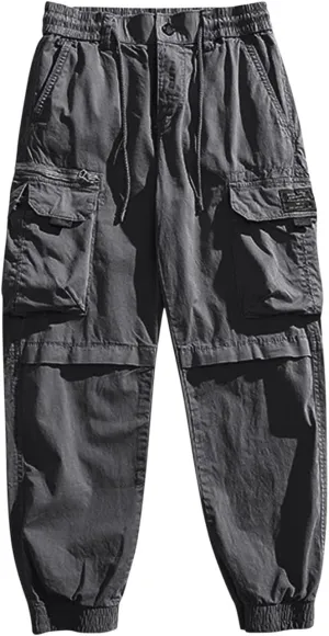 Mens Cargo Pants Drawstring Elastic Waist Work Joggers for Men Outdoor Camping Travel Trousers with Pocket