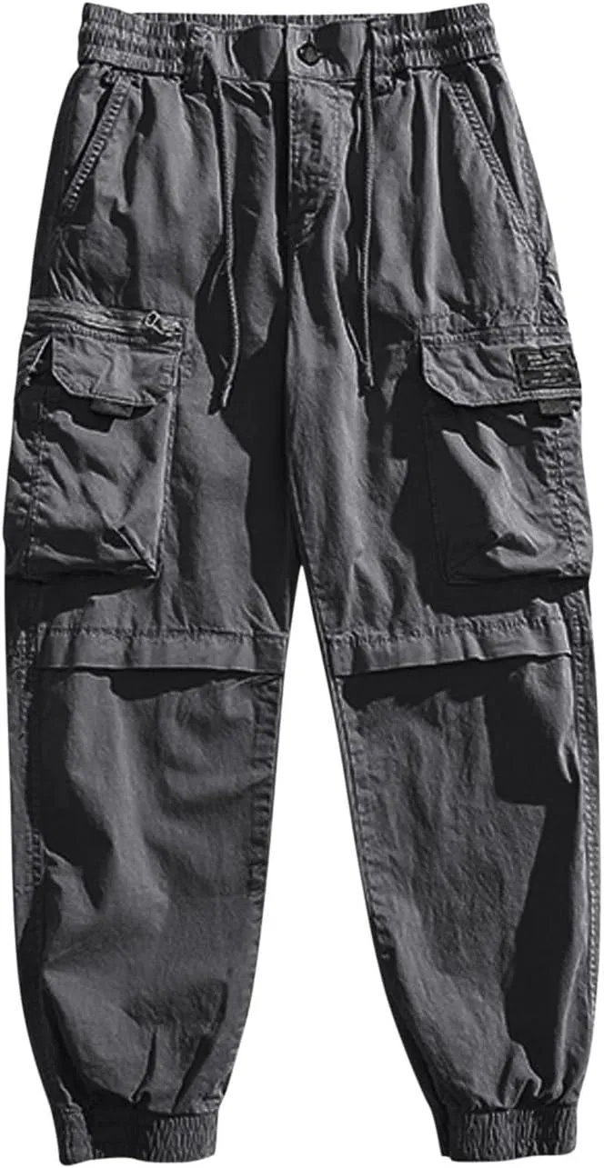 Mens Cargo Pants Drawstring Elastic Waist Work Joggers for Men Outdoor Camping Travel Trousers with Pocket