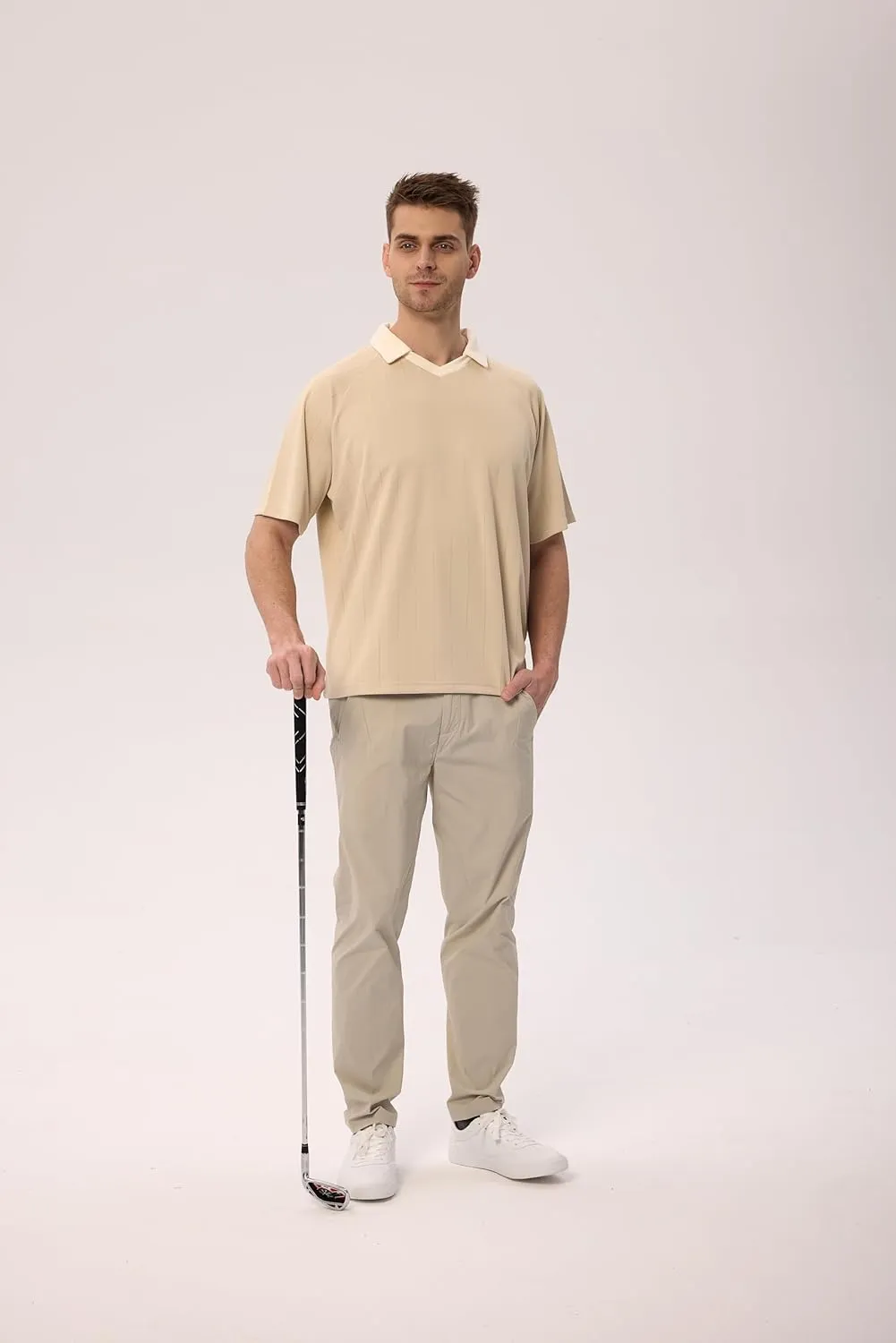 Men's Classic Contrast V-Neck Short Sleeve Shirt, Loose Fit Anti-Shrink Knit Pullover, Easy-Care Black/Beige