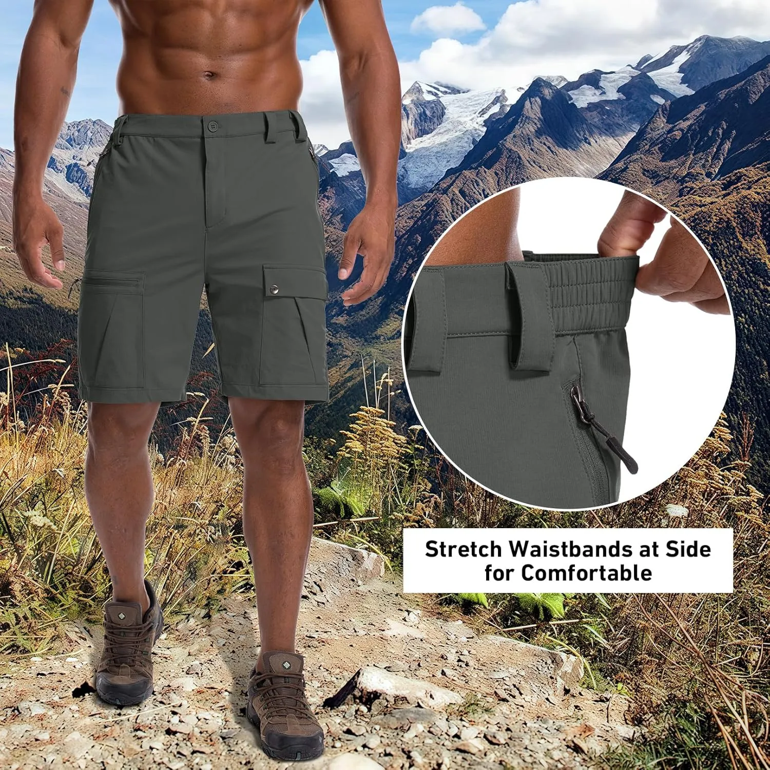 Men's Hiking Cargo Shorts 8" Lightweight Outdoor Work Shorts for Men Travel Golf Tactical Casual with 5 Zipper Pockets