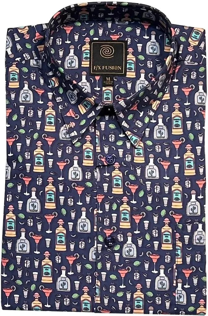 Men's Poplin Sateen 'Tequila Evening' Print Short Sleeve Sport Shirt