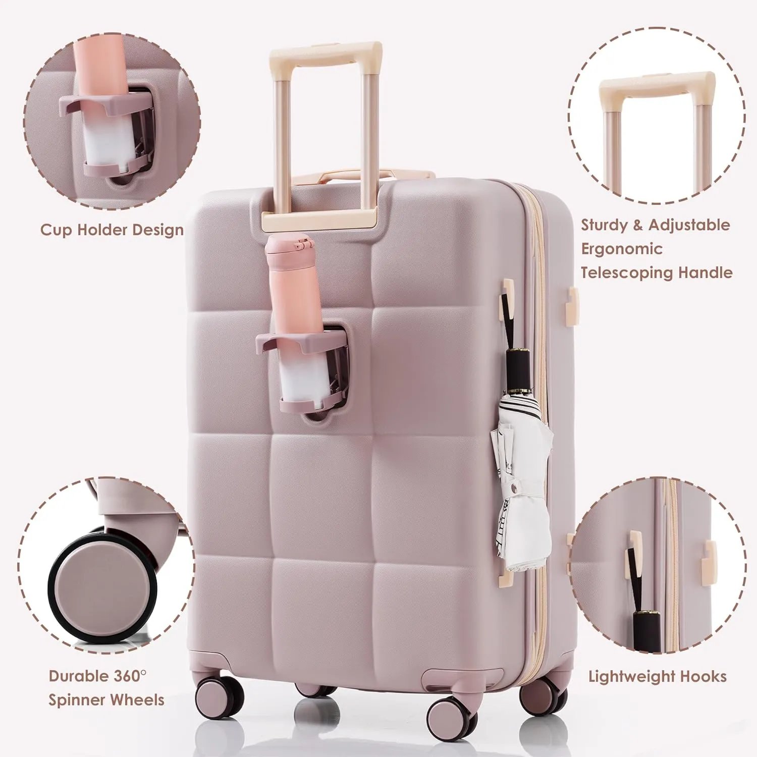 Merax 4 Piece Luggage Set, 20” with USB Port, Expandable ABS Durable Suitcase with Travel Bag, Cup Holder, ABS Hard Shell Luggage with Spinner Wheels, Brown