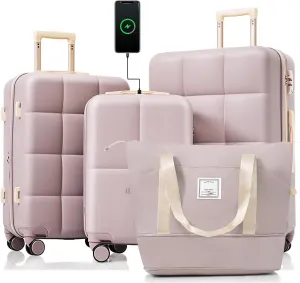 Merax 4 Piece Luggage Set, 20” with USB Port, Expandable ABS Durable Suitcase with Travel Bag, Cup Holder, ABS Hard Shell Luggage with Spinner Wheels, Brown
