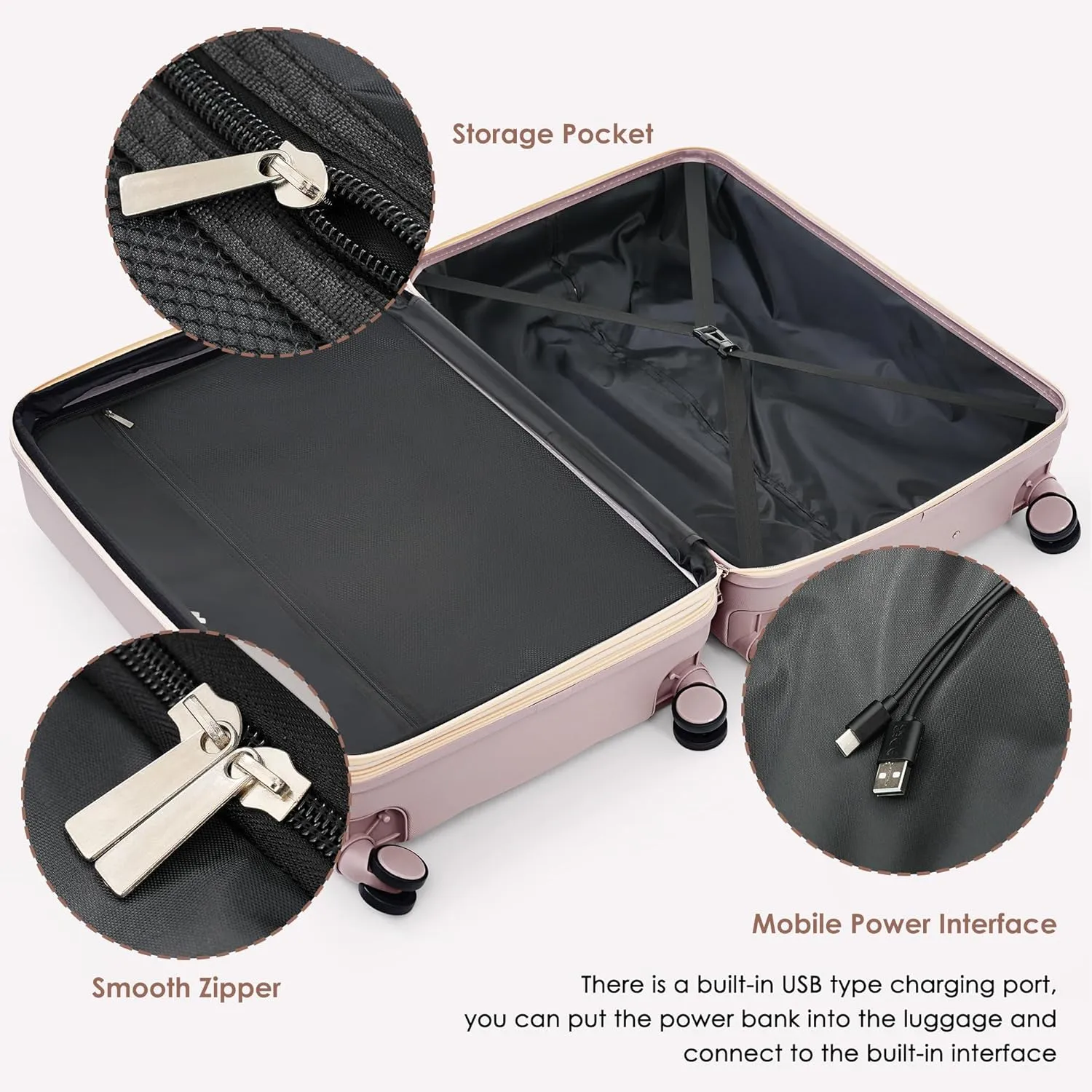Merax 4 Piece Luggage Set, 20” with USB Port, Expandable ABS Durable Suitcase with Travel Bag, Cup Holder, ABS Hard Shell Luggage with Spinner Wheels, Brown