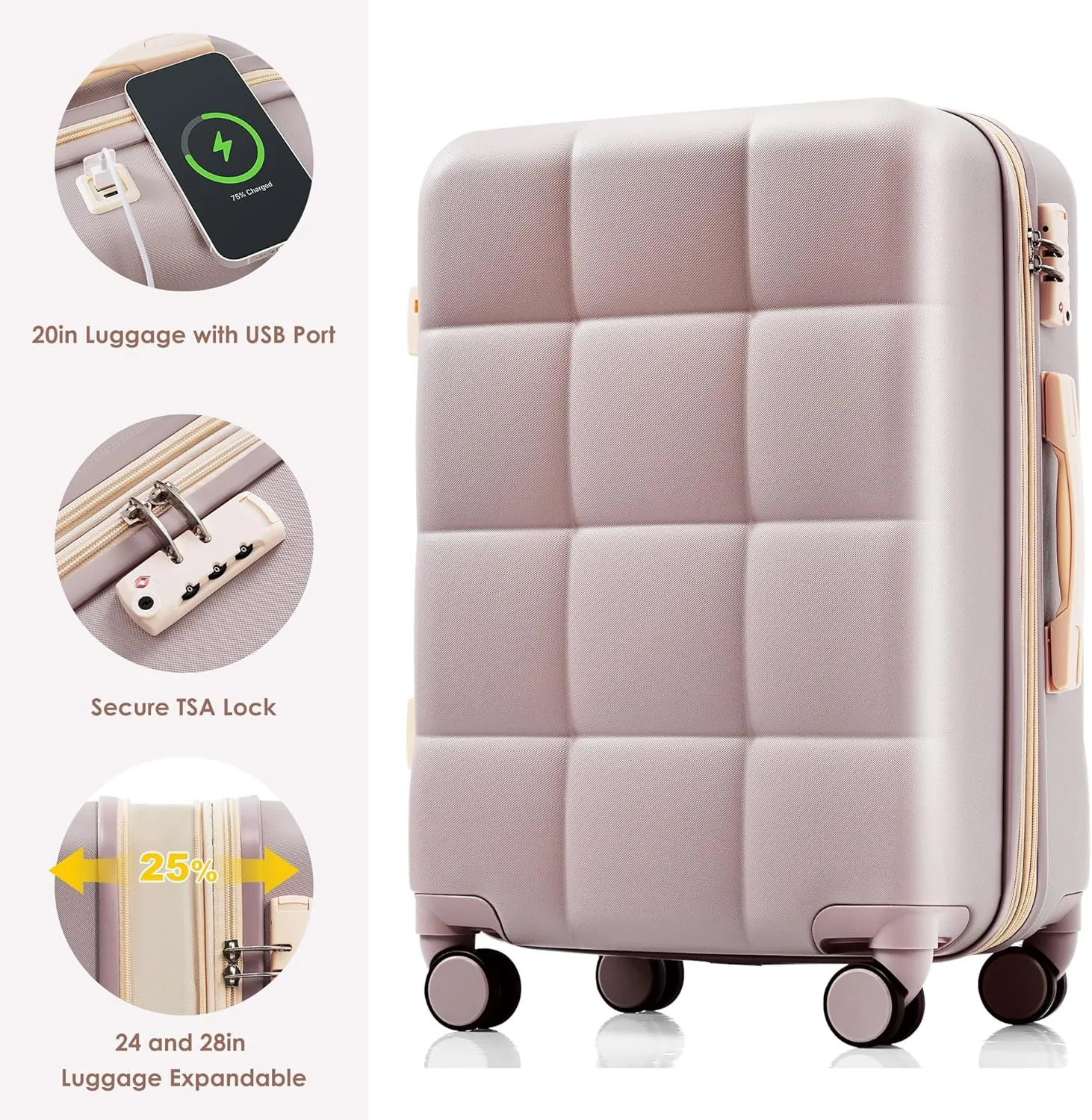 Merax 4 Piece Luggage Set, 20” with USB Port, Expandable ABS Durable Suitcase with Travel Bag, Cup Holder, ABS Hard Shell Luggage with Spinner Wheels, Brown
