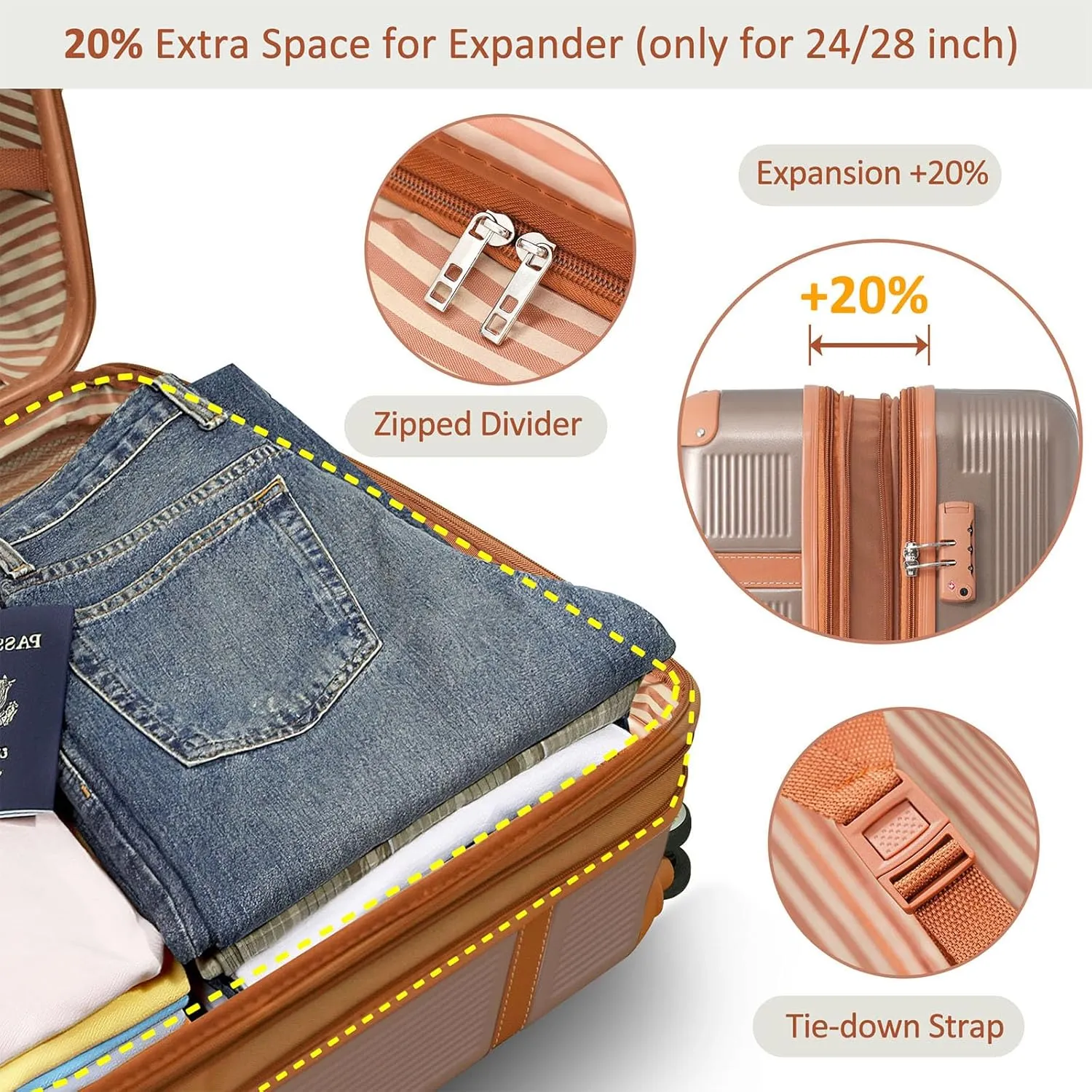 Merax Sets Hardshell Suitcase for Women with TSA Lock Carry On Luggage 20/24/28 Inch, Coppery
