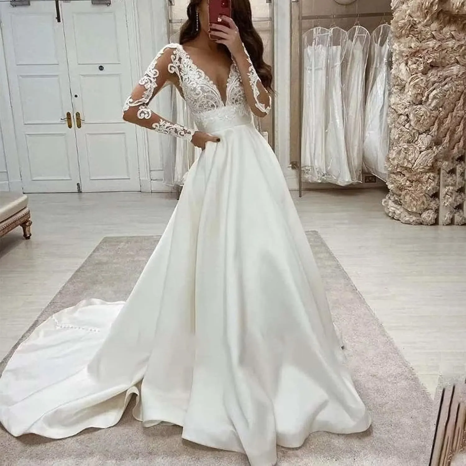 Mermaid Long Sleeve Wedding Dresses for Bride Lace Applique V-Neck Boho Bridal Dress with Train