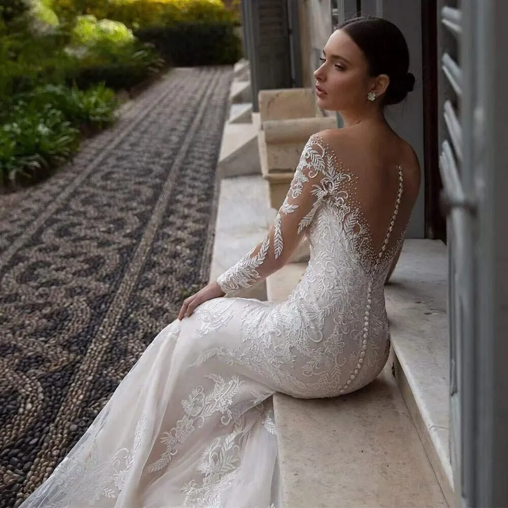 Mermaid Long Sleeve Wedding Dresses for Bride Lace Applique V-Neck Boho Bridal Dress with Train