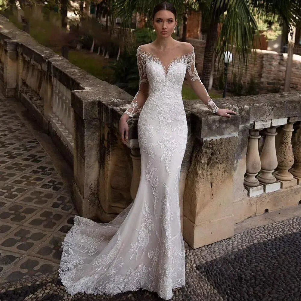 Mermaid Long Sleeve Wedding Dresses for Bride Lace Applique V-Neck Boho Bridal Dress with Train