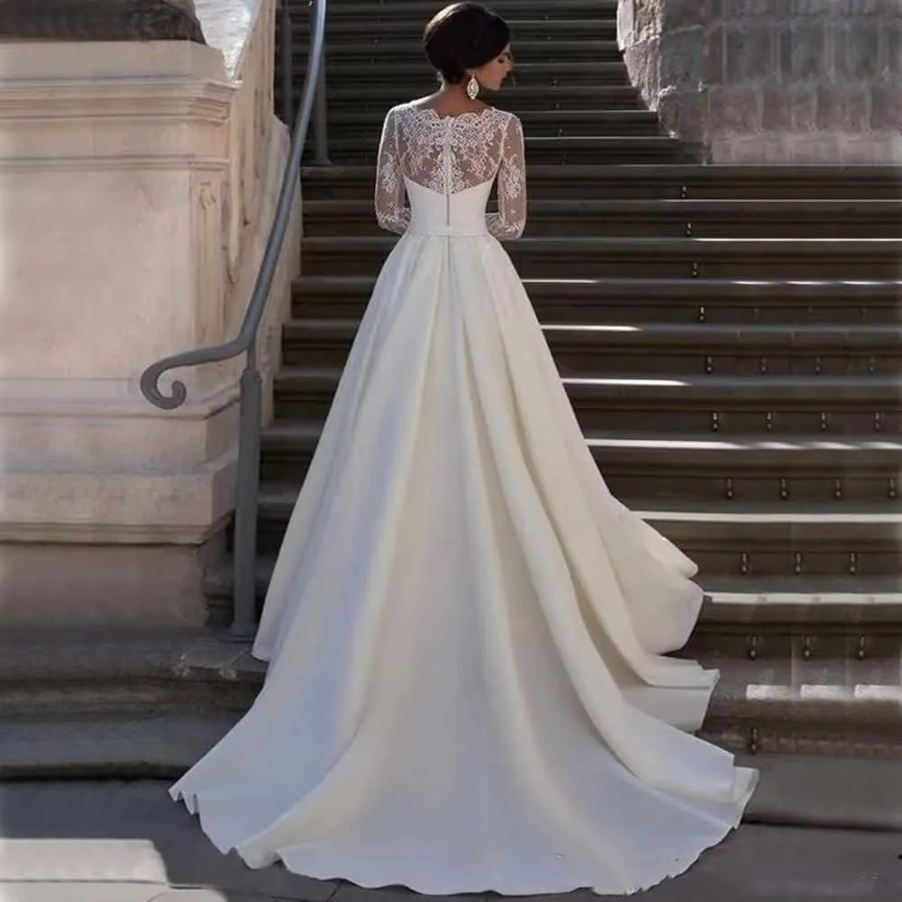 Mermaid Long Sleeve Wedding Dresses for Bride Lace Applique V-Neck Boho Bridal Dress with Train