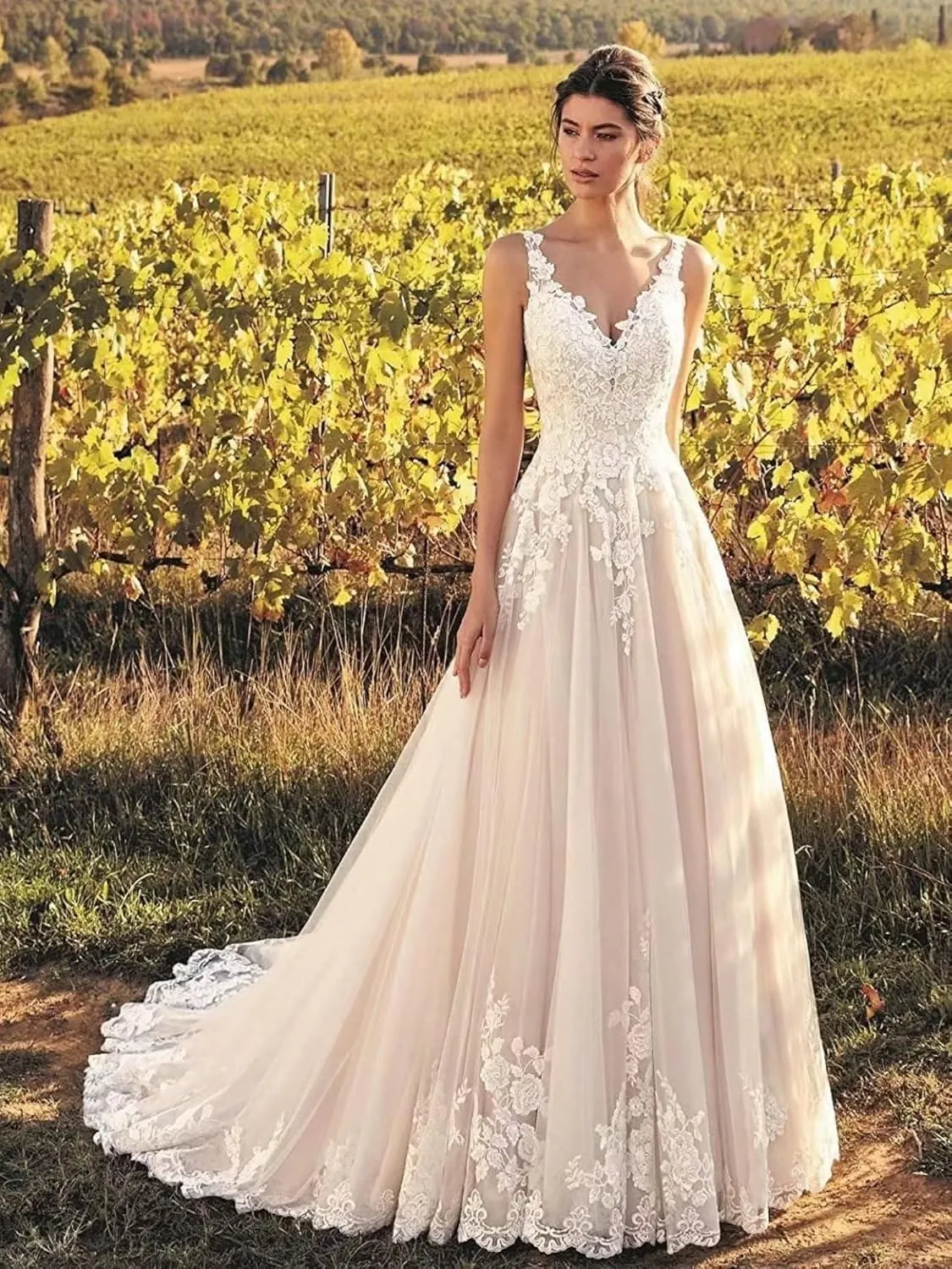 Mermaid Long Sleeve Wedding Dresses for Bride Lace Applique V-Neck Boho Bridal Dress with Train