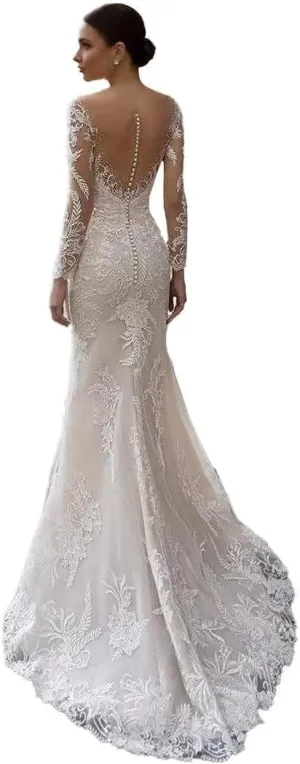 Mermaid Long Sleeve Wedding Dresses for Bride Lace Applique V-Neck Boho Bridal Dress with Train