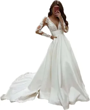 Mermaid Long Sleeve Wedding Dresses for Bride Lace Applique V-Neck Boho Bridal Dress with Train