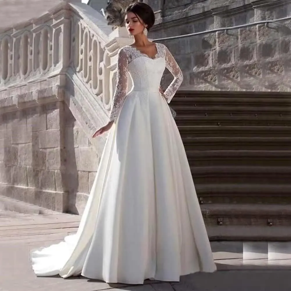Mermaid Long Sleeve Wedding Dresses for Bride Lace Applique V-Neck Boho Bridal Dress with Train