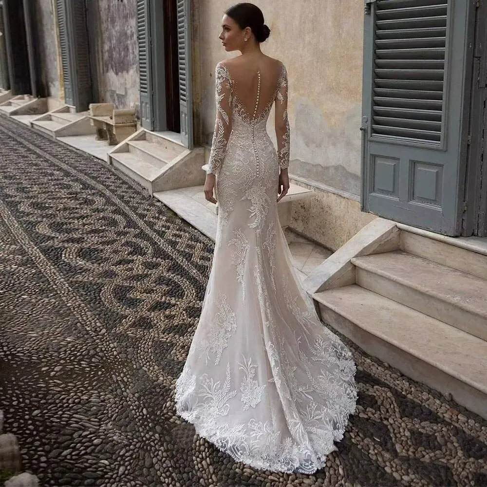 Mermaid Long Sleeve Wedding Dresses for Bride Lace Applique V-Neck Boho Bridal Dress with Train