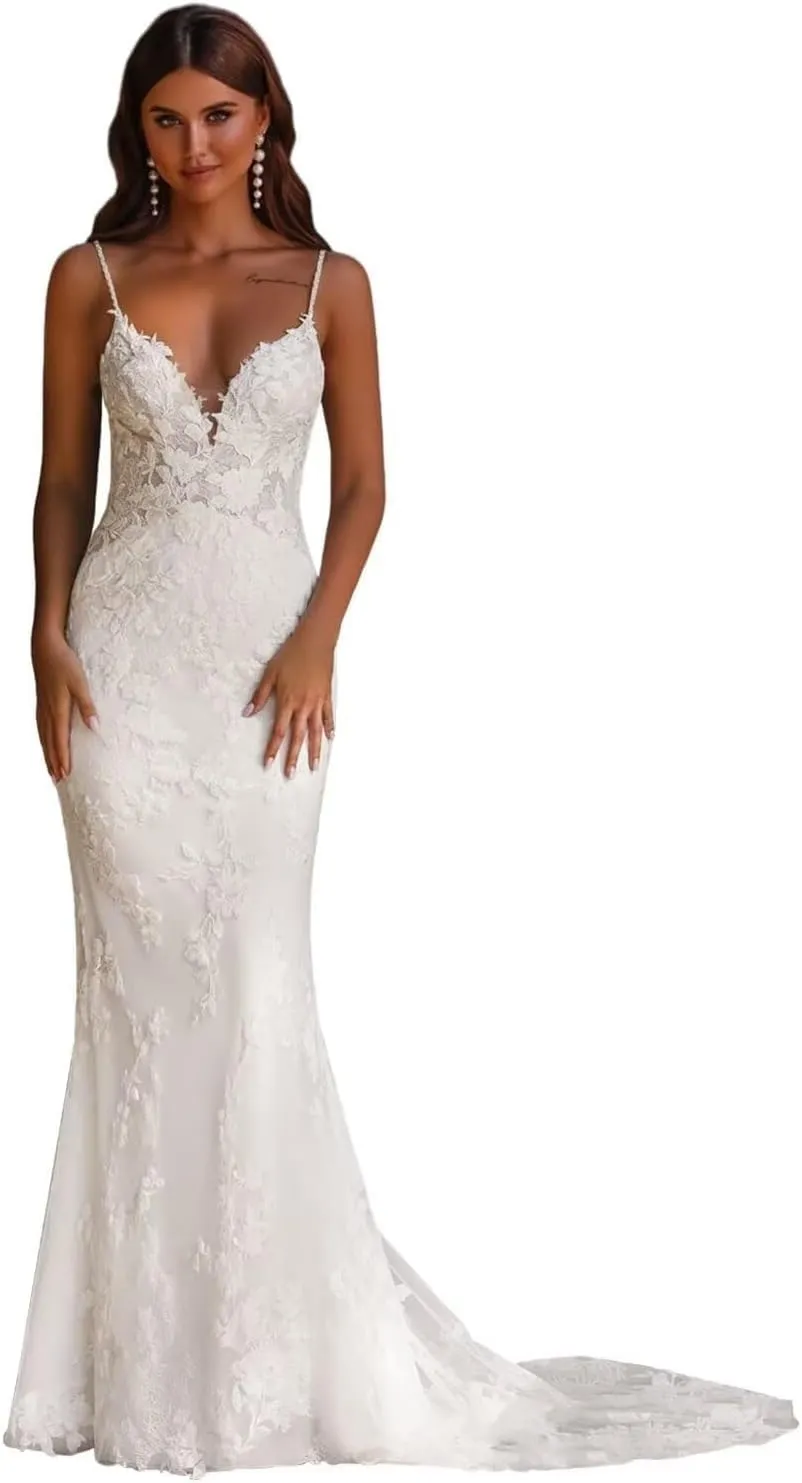Mermaid Wedding Dresses for Bride Lace Beach Tulle Applique V-Neck Boho Bridal Dress for Bride with Train
