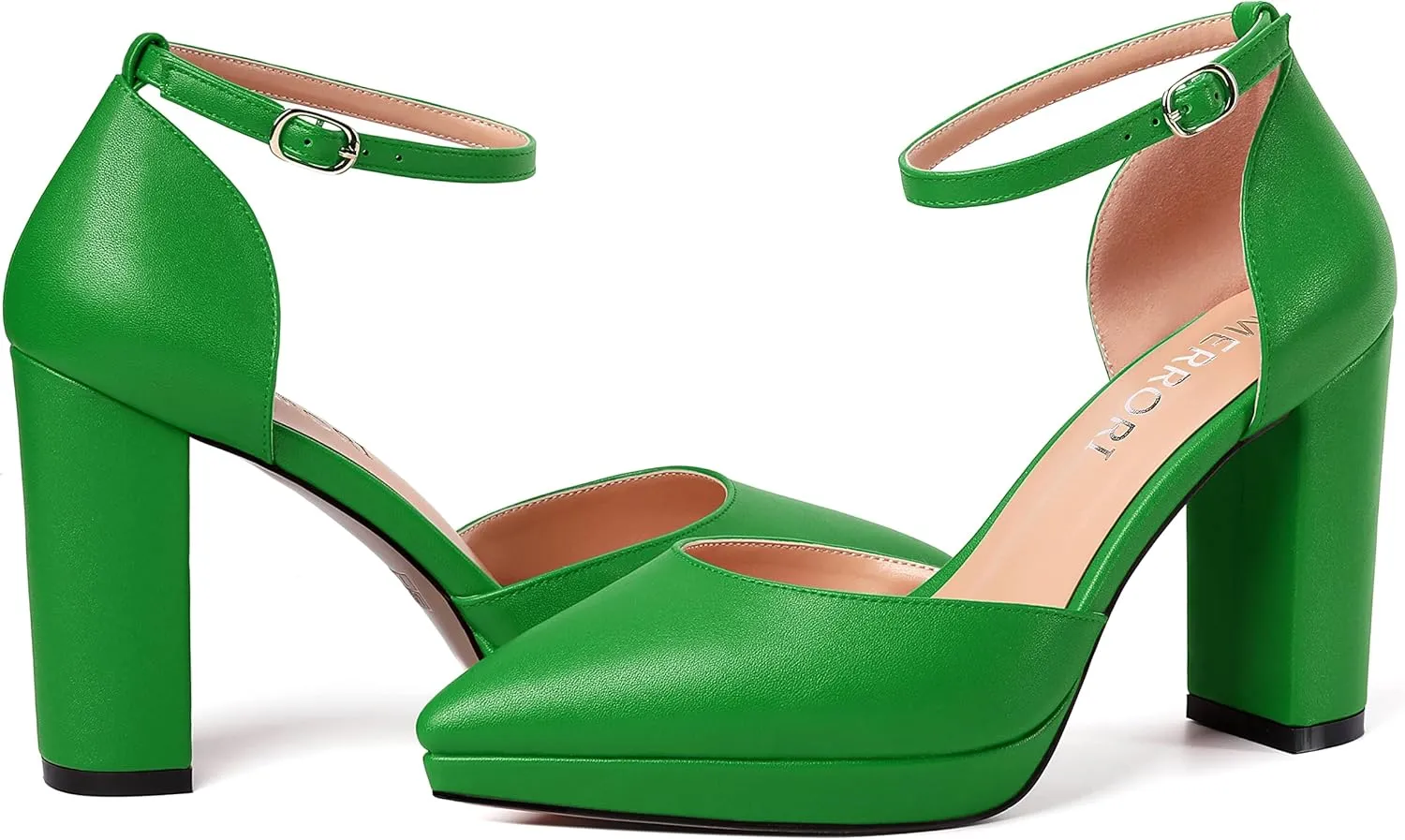 MERRORI Womens Ankle Strap Matte Dress Pointed Toe Evening Buckle Platform Chunky High Heel Pumps Shoes 4 Inch