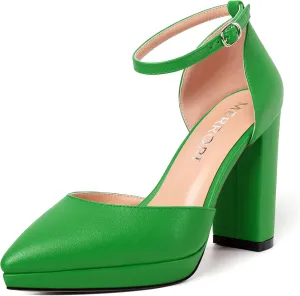 MERRORI Womens Ankle Strap Matte Dress Pointed Toe Evening Buckle Platform Chunky High Heel Pumps Shoes 4 Inch