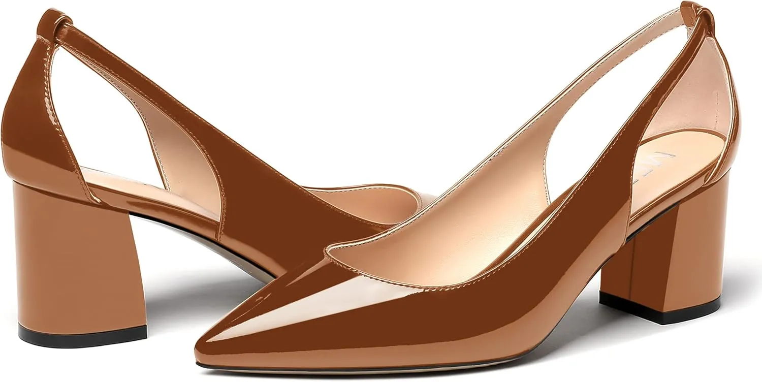 MERRORI Women's Pointed Toe Sexy Chunky Patent Party Evening Mid Heel Cut Out Evening Party Shoes Slip On Pumps Shoes 2.5 Inch