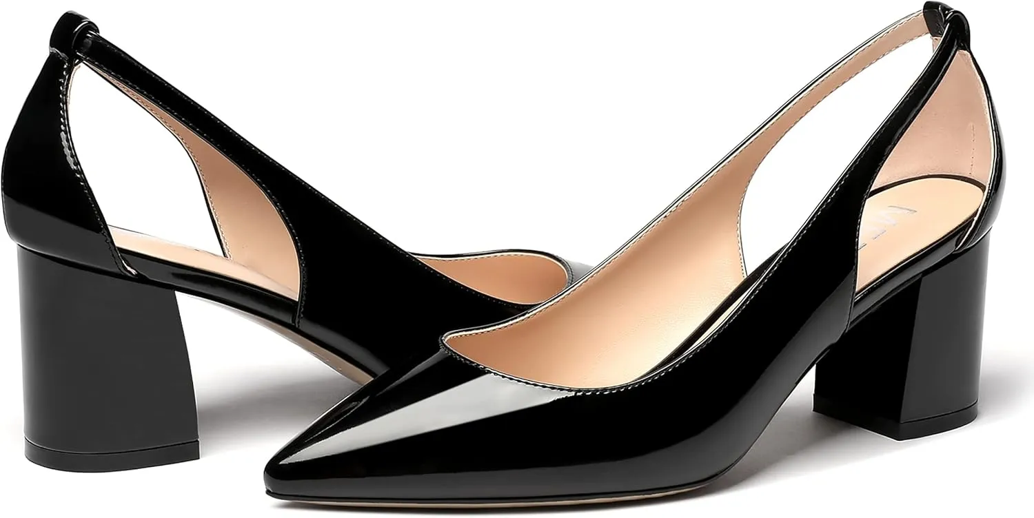 MERRORI Women's Pointed Toe Sexy Chunky Patent Party Evening Mid Heel Cut Out Evening Party Shoes Slip On Pumps Shoes 2.5 Inch