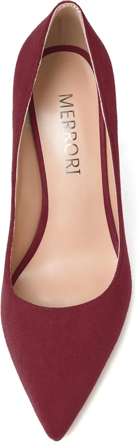 MERRORI Women's Stiletto High Heels Pointed Toe Solid Dress Suede Evening Slip On Heel Pumps Shoes 4 Inch
