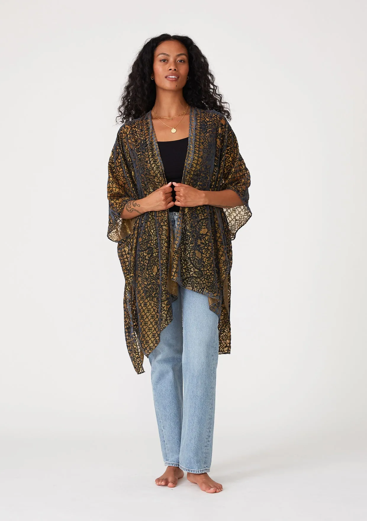 Metallic Pinstripe Velvet Burnout Kimono Wrap