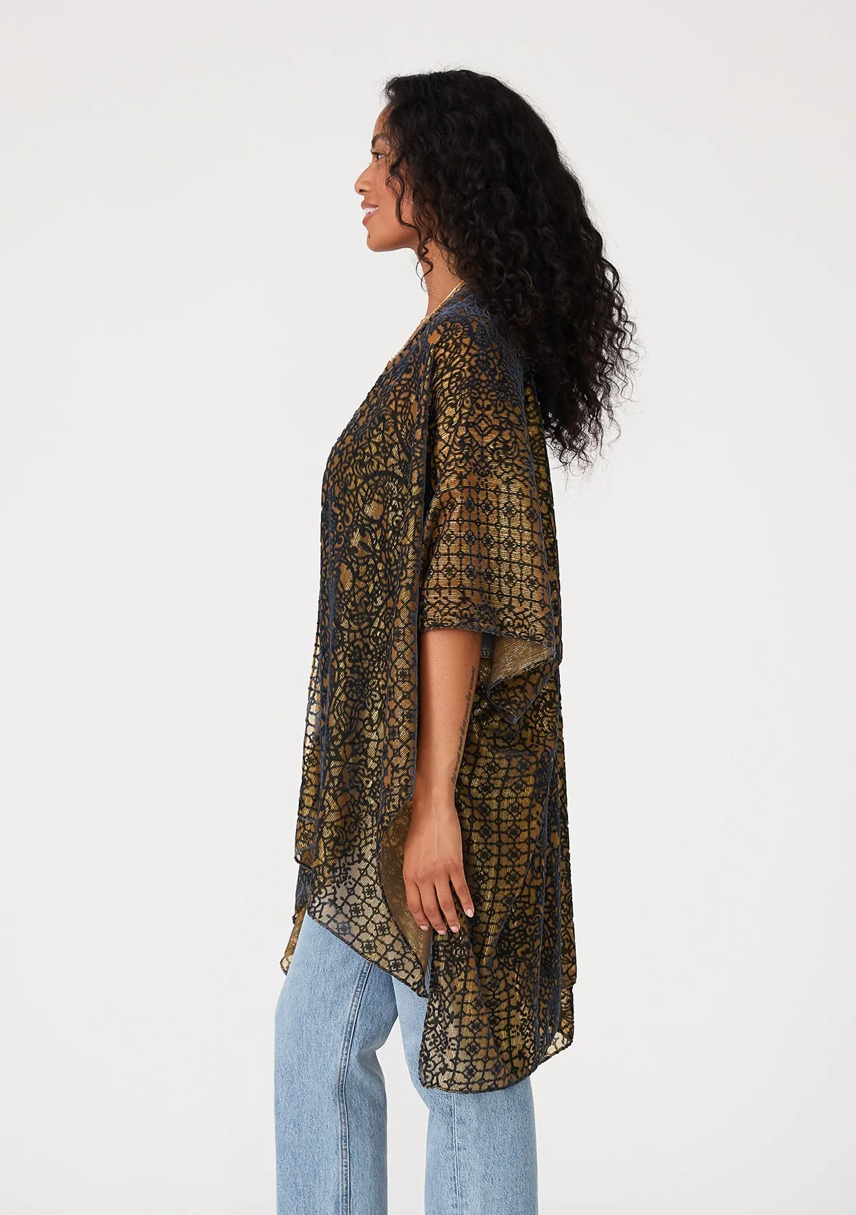 Metallic Pinstripe Velvet Burnout Kimono Wrap