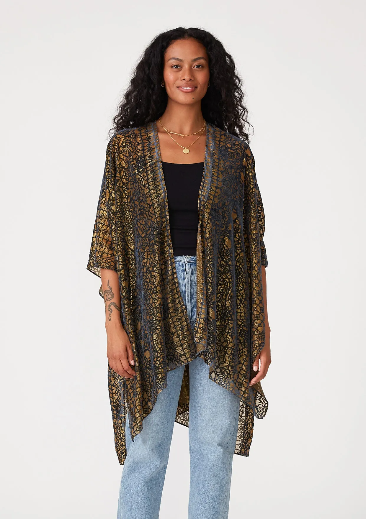 Metallic Pinstripe Velvet Burnout Kimono Wrap