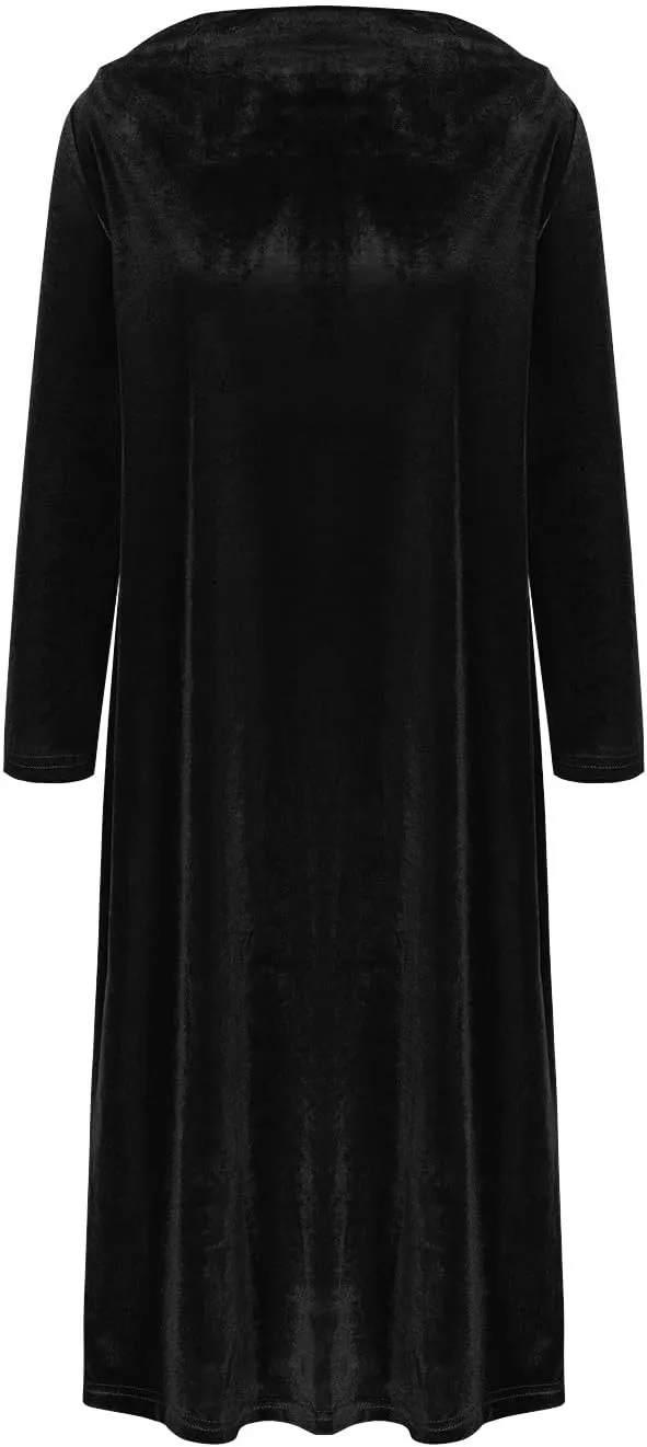Midi Dresses for Women，Casual Velvet Spring Dresses Crewneck Loose Pleated Long Sleeve Dress for Date Night Wedding