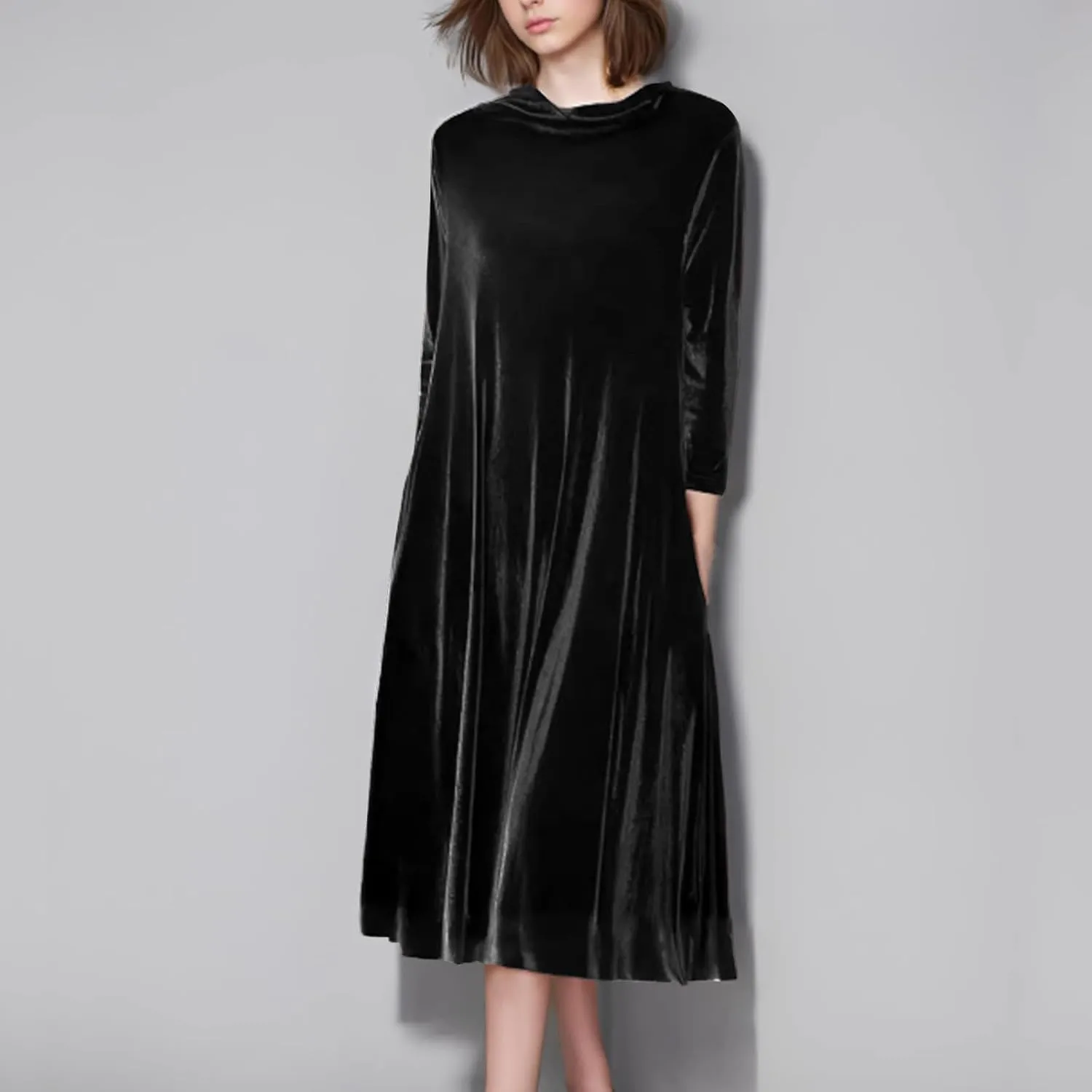 Midi Dresses for Women，Casual Velvet Spring Dresses Crewneck Loose Pleated Long Sleeve Dress for Date Night Wedding