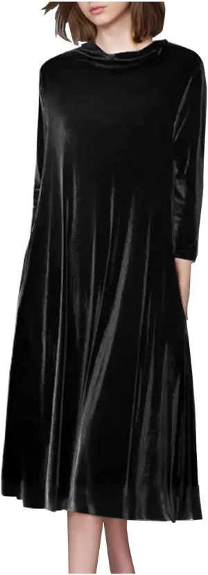 Midi Dresses for Women，Casual Velvet Spring Dresses Crewneck Loose Pleated Long Sleeve Dress for Date Night Wedding