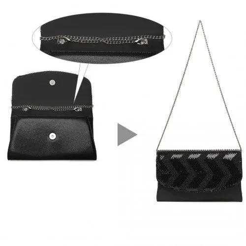 Miss Lulu Gorgeous Sequins Evening Clutch Bag Chain Shoulder Bag - Black