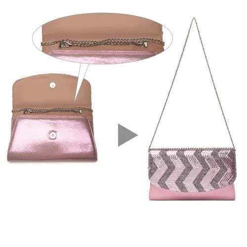 Miss Lulu Gorgeous Sequins Evening Clutch Bag Chain Shoulder Bag - Pink