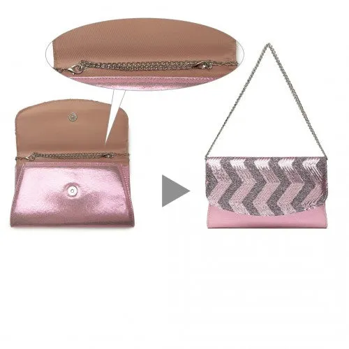 Miss Lulu Gorgeous Sequins Evening Clutch Bag Chain Shoulder Bag - Pink
