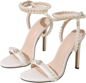 MissHeel Pearls Ankle Strap Dressy Heels Diamonte Stiletto Heels