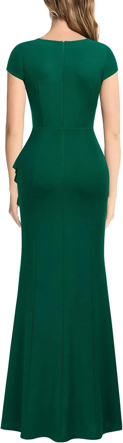 Miusol Women's Retro V Neck Elegant Ruched Split Style Formal Long Dress
