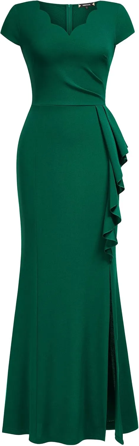 Miusol Women's Retro V Neck Elegant Ruched Split Style Formal Long Dress
