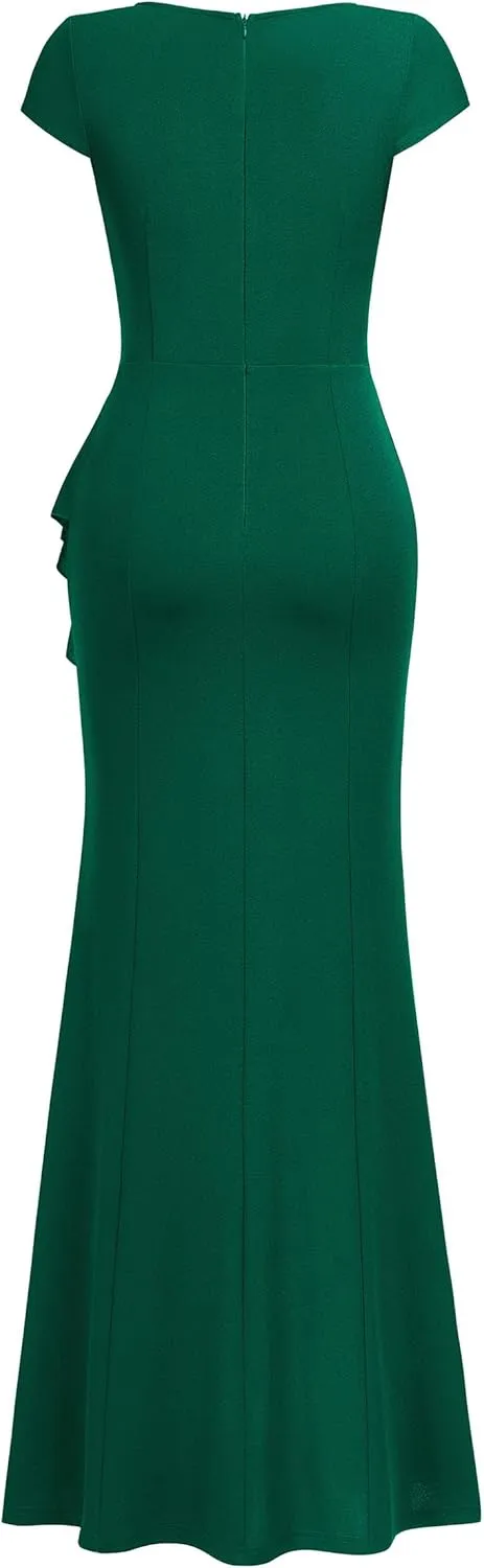 Miusol Women's Retro V Neck Elegant Ruched Split Style Formal Long Dress