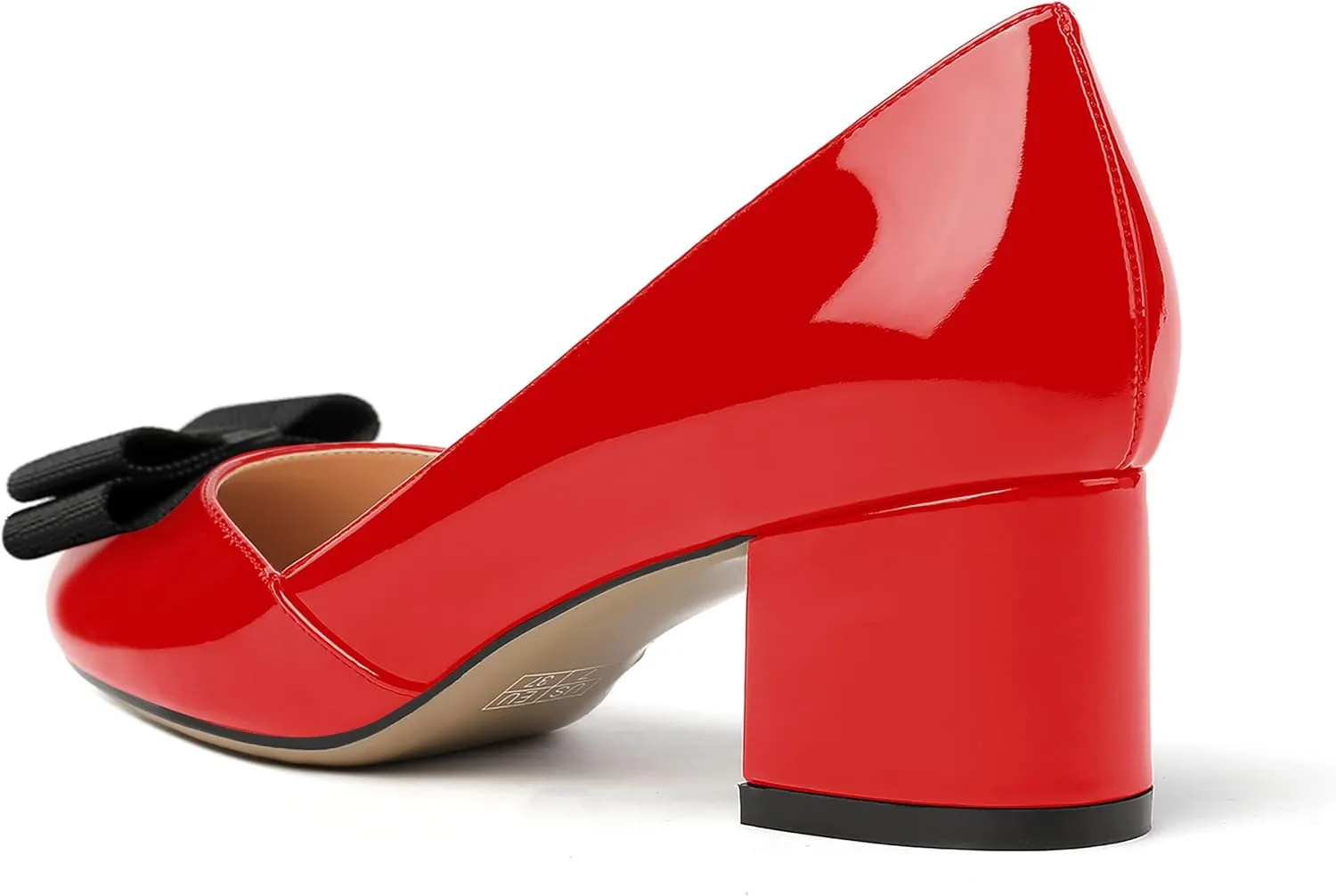 MODENCOCO Women's Round Toe Bow Slip On Patent Chunky Low Heel Pumps Office Work Dress Shoes 2 Inch